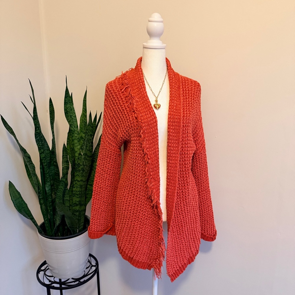 Free People | Frayed Coral and Pink Chunky Knit Cardigan